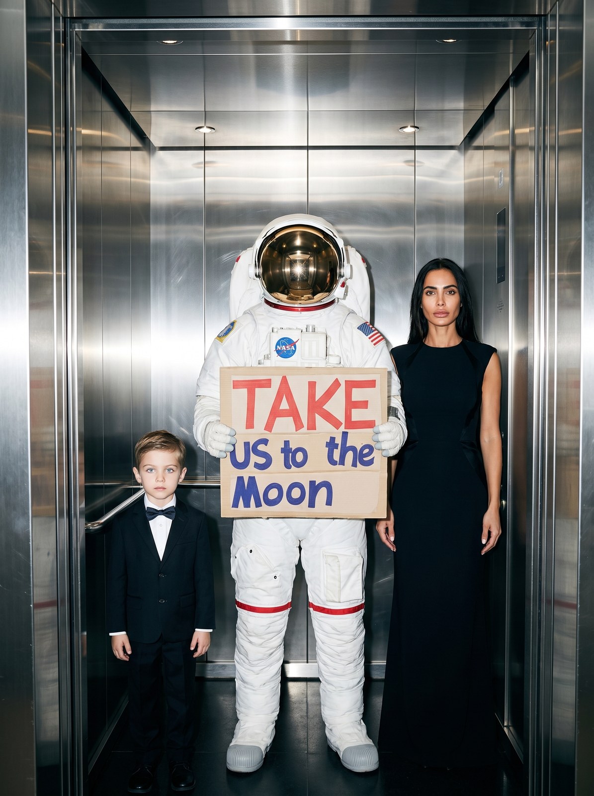 A family and an astronaut in a lift holding a sign: Take us to the moon
