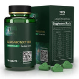 Geroprotect® Essentials I tablet bottle and box with 13-ingredient Supplement Facts panel and three green triangular tablets, 180 tablets
