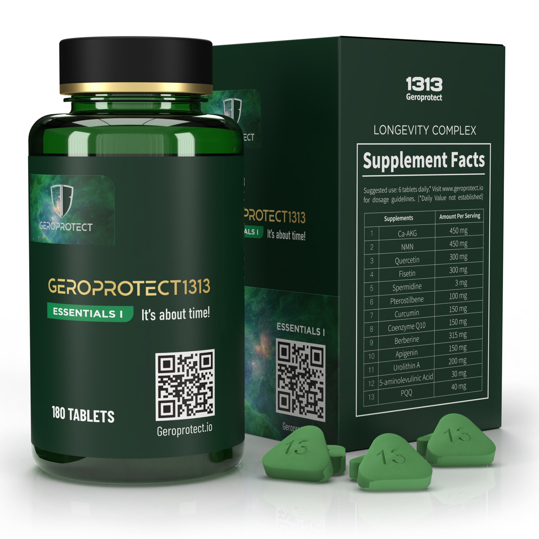Geroprotect® Essentials I tablet bottle and box with 13-ingredient Supplement Facts panel and three green triangular tablets, 180 tablets