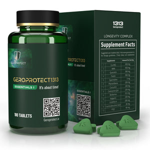 Geroprotect® Essentials I tablet bottle and box with 13-ingredient Supplement Facts panel and three green triangular tablets, 180 tablets