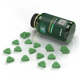 Geroprotect® Essentials I bottle on its side with green triangular tablets embossed with the number 13 scattered in front