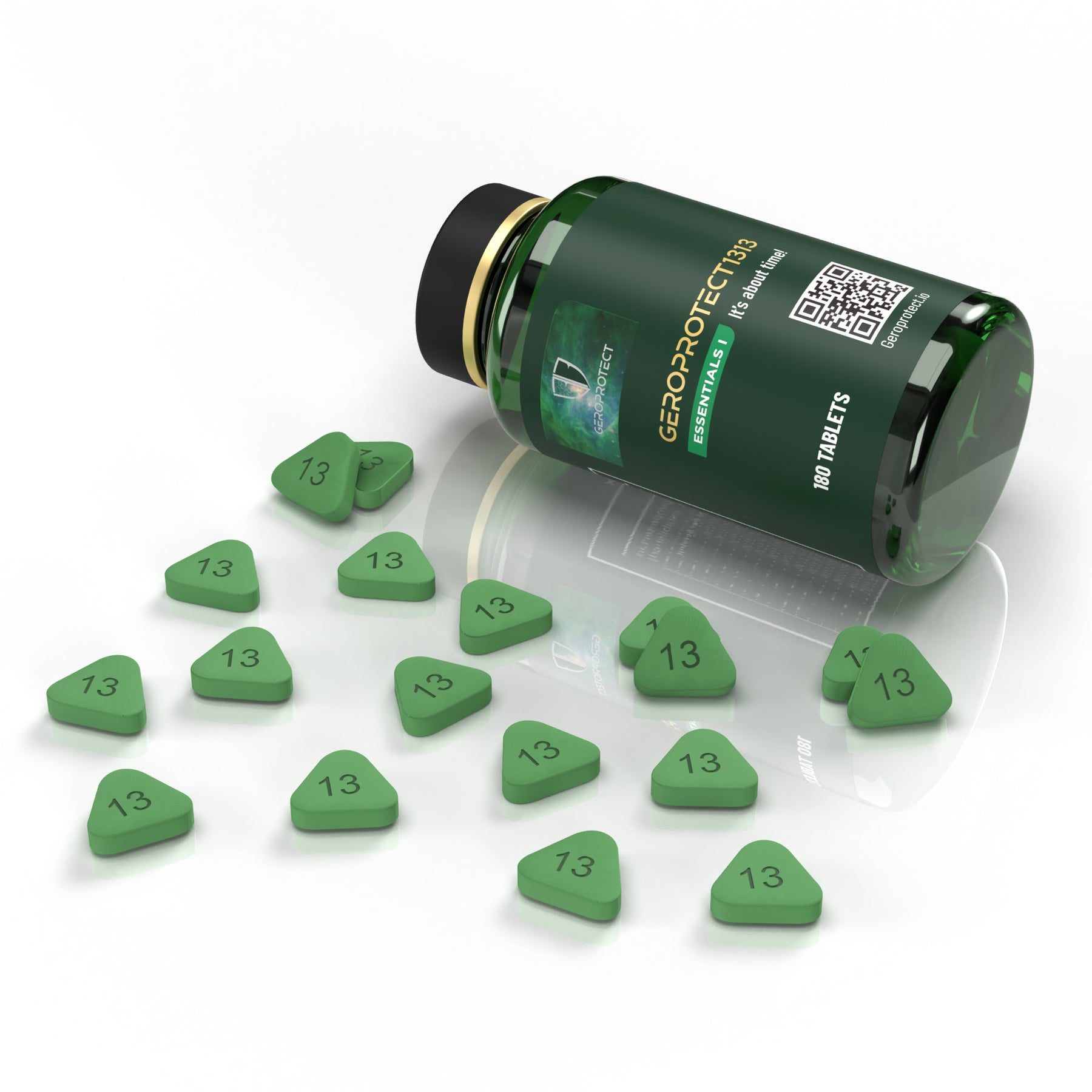 Geroprotect® Essentials I bottle on its side with green triangular tablets embossed with the number 13 scattered in front