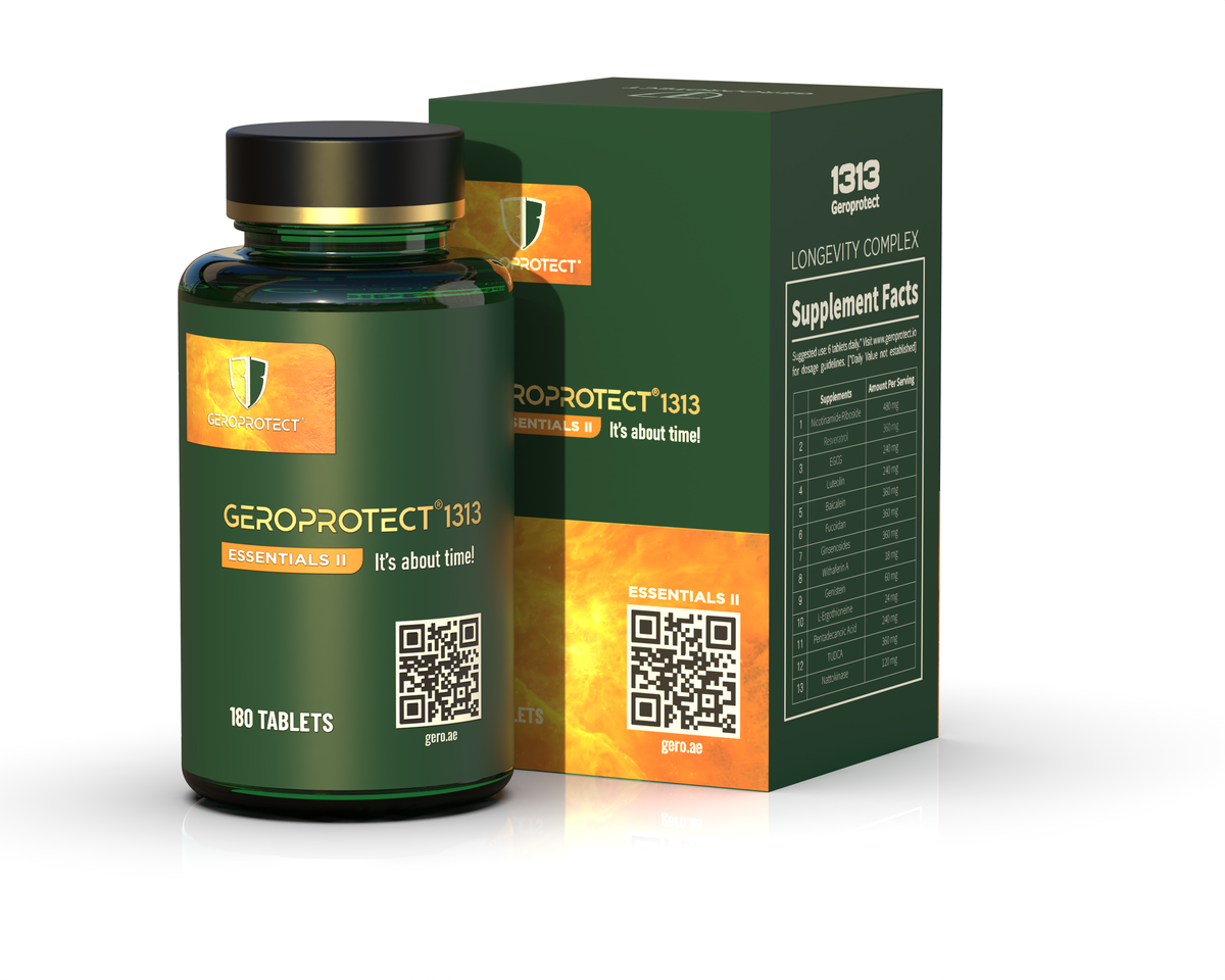 Geroprotect® Essentials II dark green tablet bottle beside its box showing the 13-ingredient Supplement Facts panel, 180 tablets