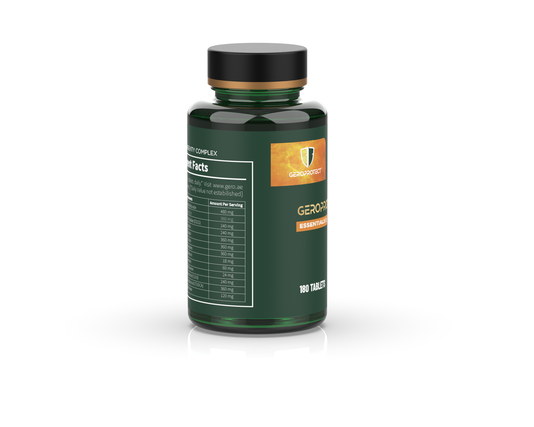 Side view of the Geroprotect® Essentials II 180-tablet bottle showing the Supplement Facts panel on the label