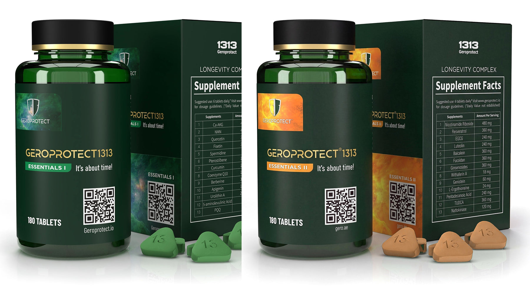 Geroprotect Essentials I and Essentials II bottles with boxes