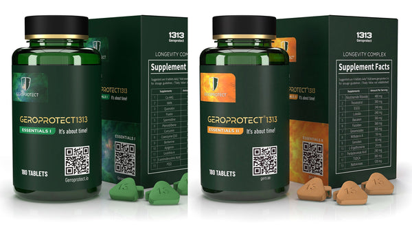 Geroprotect Essentials I and Essentials II bottles with boxes
