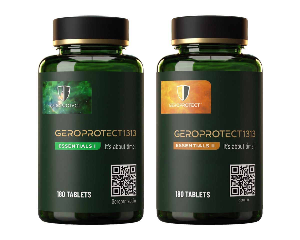 Geroprotect Essentials I and Essentials II bottles side by side — the complete 26