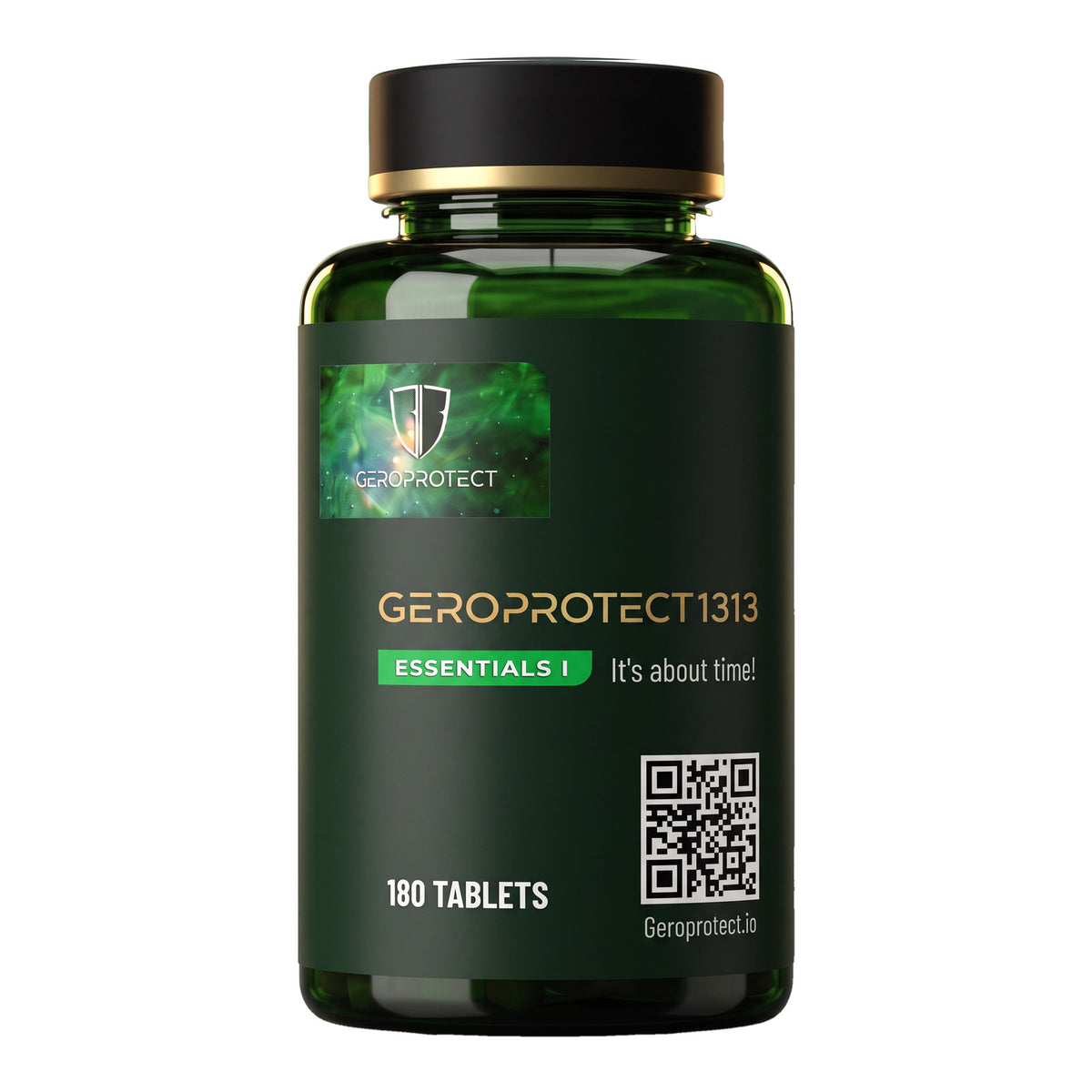 Geroprotect Essentials I bottle — 180 tablets, dark green glass, front view