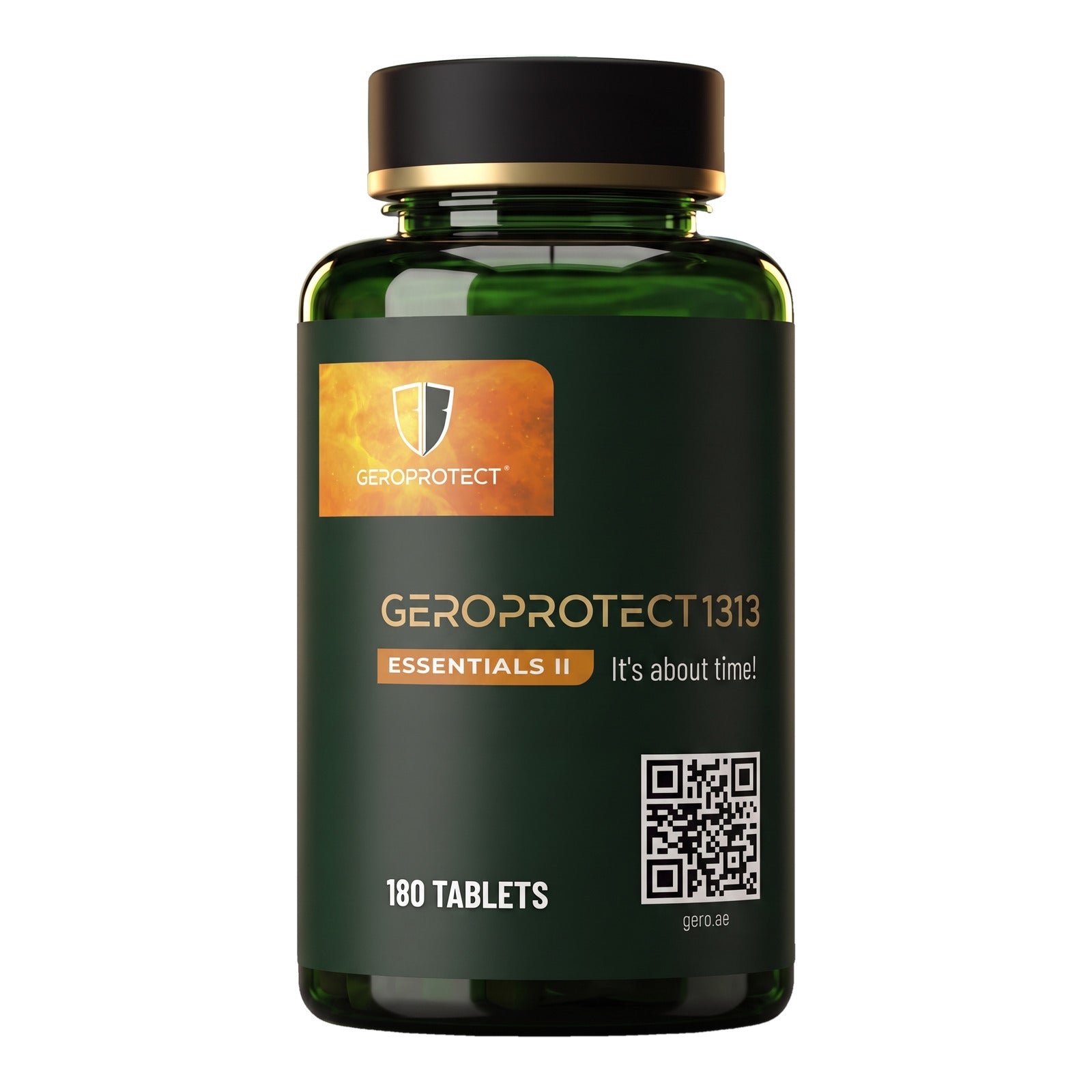 Geroprotect Essentials II bottle — 180 tablets, dark green glass, front view