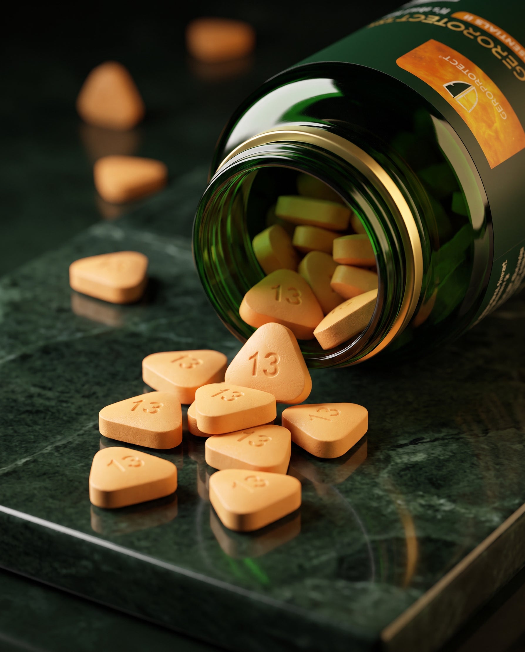 Geroprotect Essentials II orange tablets spilling from the bottle