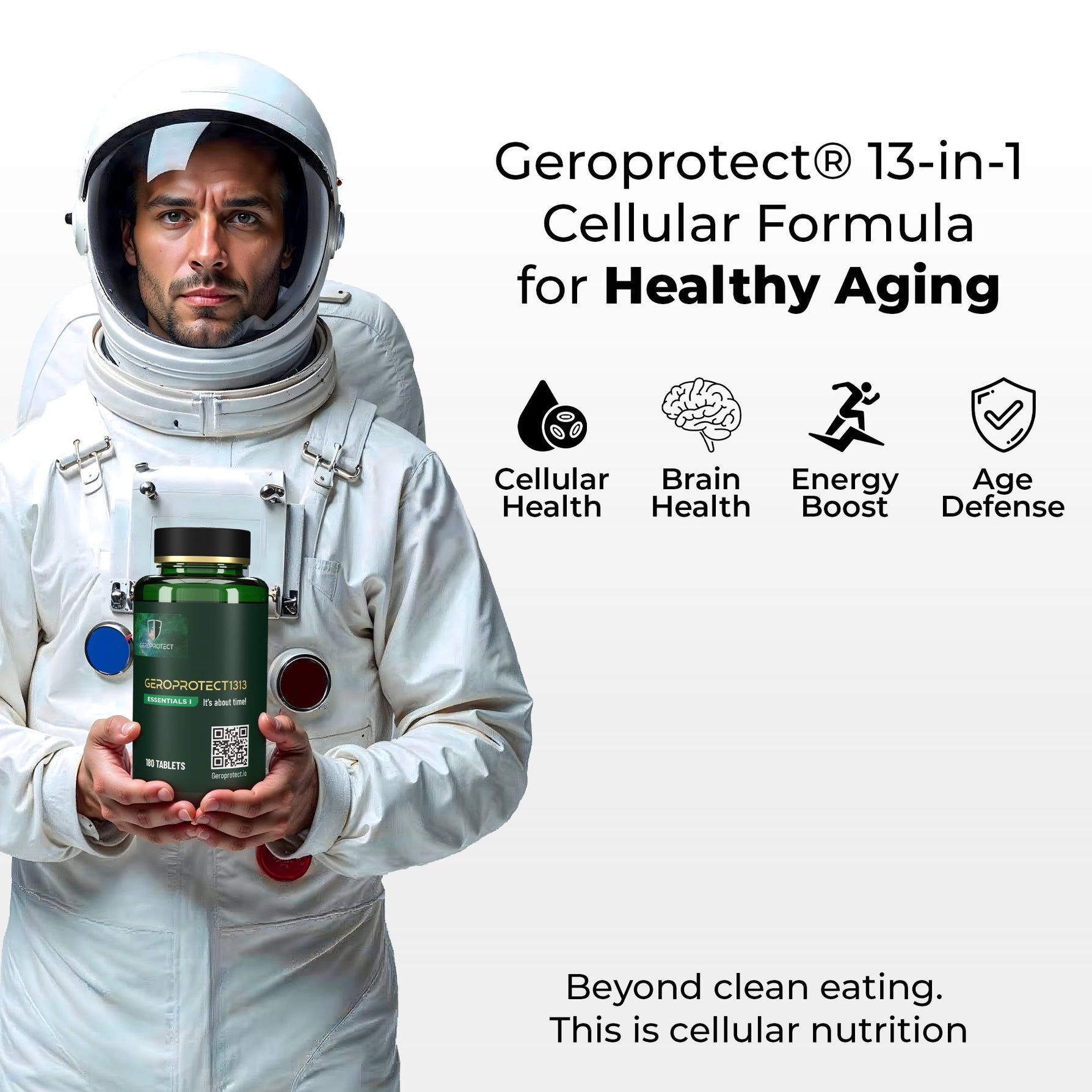 Man in an astronaut suit holding a Geroprotect® Essentials I bottle, beside text and icons for the Geroprotect 13-in-1 cellular formula