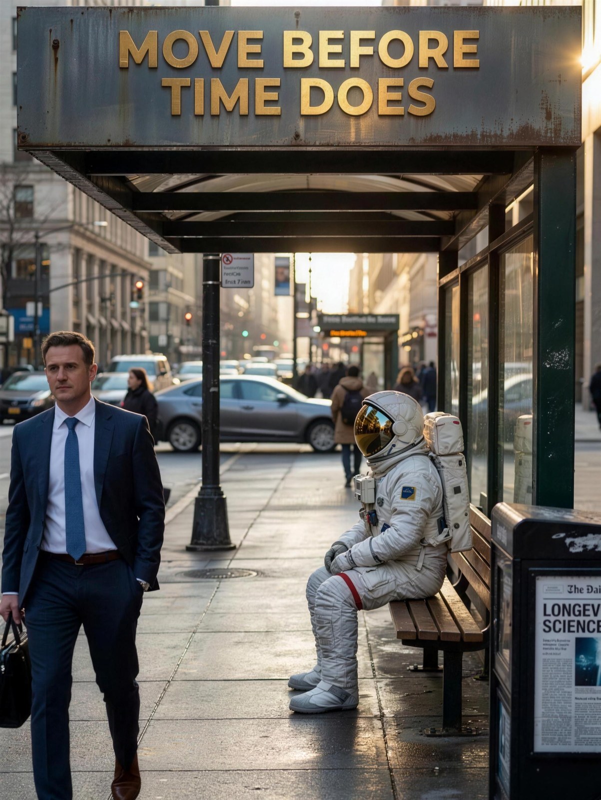 An astronaut waits at a bus stop under the sign Move before time does